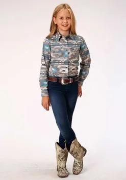 Panhandle Western Wear Girl's Roper Stepped Aztec Snap Front Shirt #03-080-0067-0770BU -Men's Plaid Shirt Sales 0308000670770b