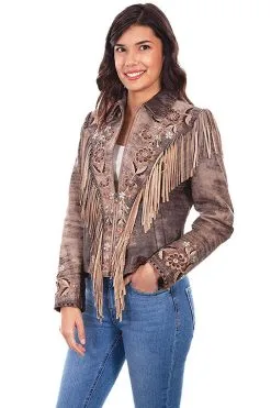 Wahmaker Women's Scully Embroidered Fringe Suede Jacket #L1005BRN