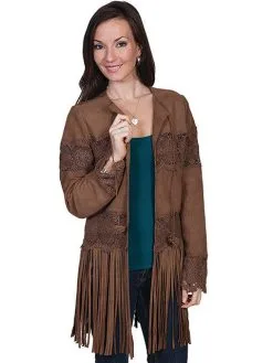 Wahmaker Women's Scully Crochet Laced Suede Coat #L1065BRN