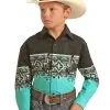 Boy's Panhandle Teal & Black Border Print Long Sleeve #C0S3011 -Men's Plaid Shirt Sales C0S3011