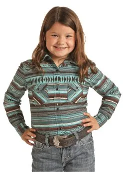Rock & Roll Cowgirl Girl's Panhandle Blue & Brown Long Sleeve Shirt #G4S333