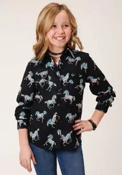 Roper Apparel Girl's Roper Black Horse Print Long Sleeves #03-080-0590-0154