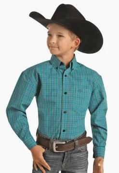 ROCK & ROLL COWBOY Boy's Panhandle Caribbean Teal Plaid Long Sleeve #C0D1603